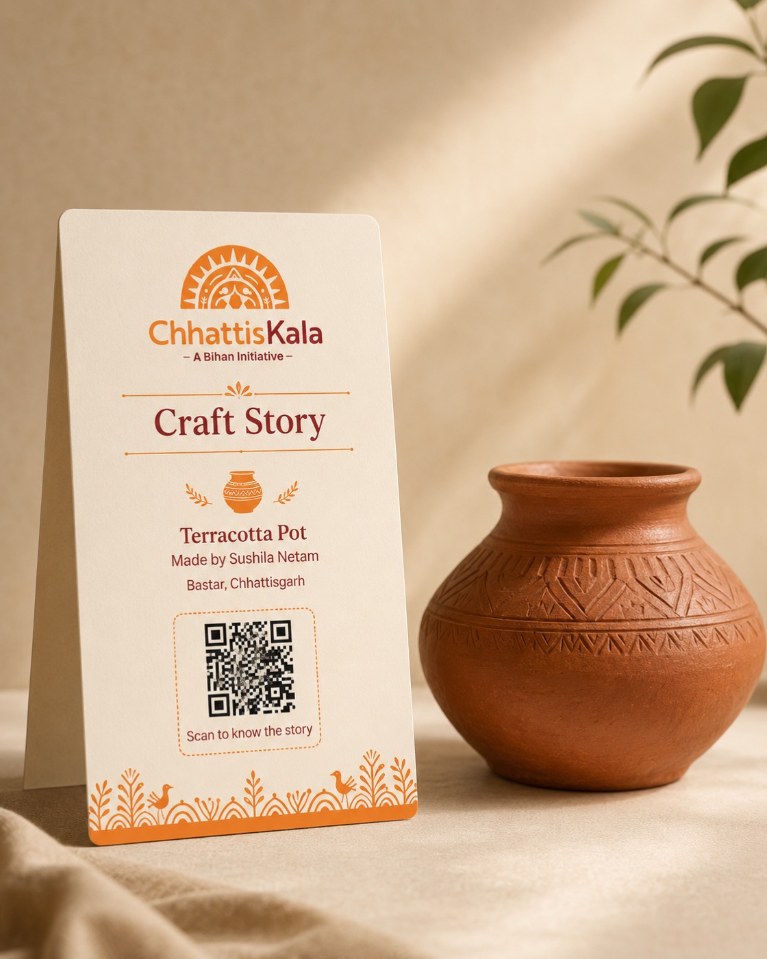 QR story card beside a terracotta pot