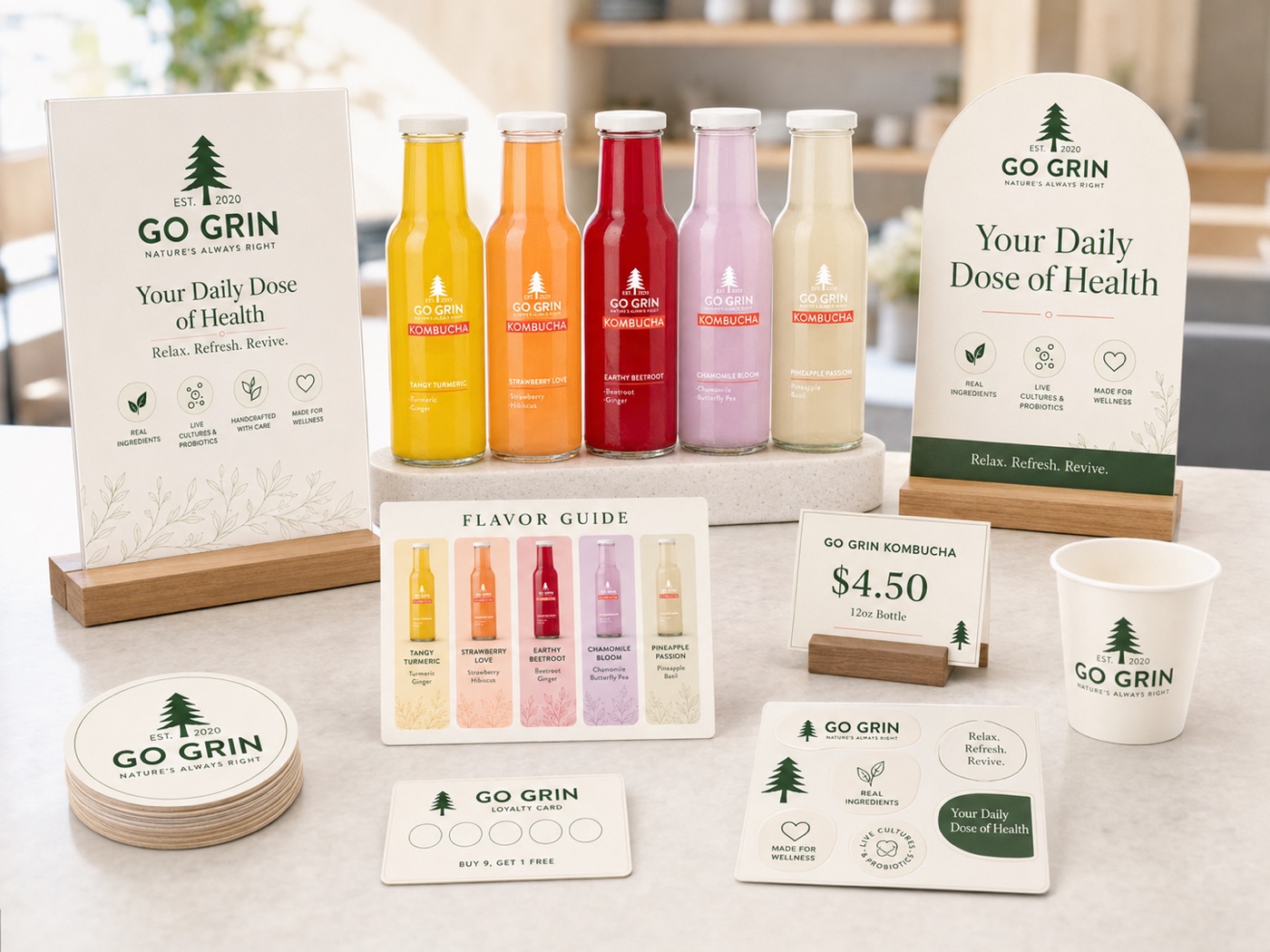 Go Grin cafe POSM: table displays, flavour guide, loyalty card