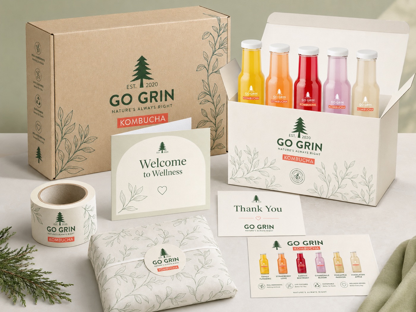 Go Grin delivery packaging: box, welcome card, wrap and stickers