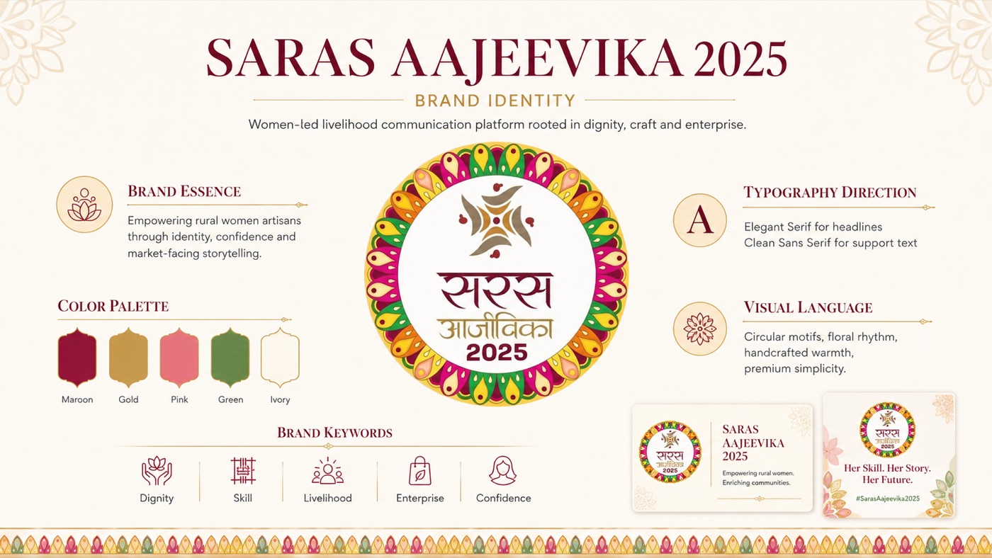 Saras Aajeevika 2025 brand identity system: brand essence, colour palette, typography direction and visual language